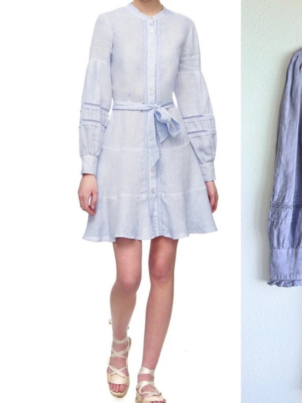 Light Gray Long-Sleeve Button-Front Linen Dress with Tie Waist